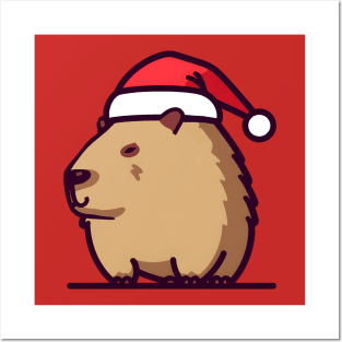 Christmas Capybara in Santa hat Posters and Art